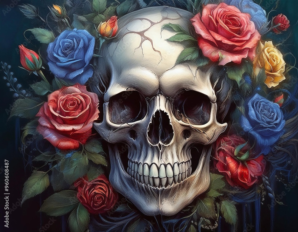 A detailed skull surrounded by vibrant roses in a colorful and artistic composition showcasing the interplay of life and death A detailed skull surrounded by vibrant roses in a colorful and artistic composition showcasing the interplay of life and death