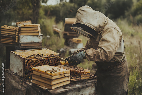 Beekeeping activity with a focus on bees, hives, and honey production