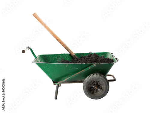 A green wheelbarrow filled with black soil, ideal for gardening, landscaping, or construction work.