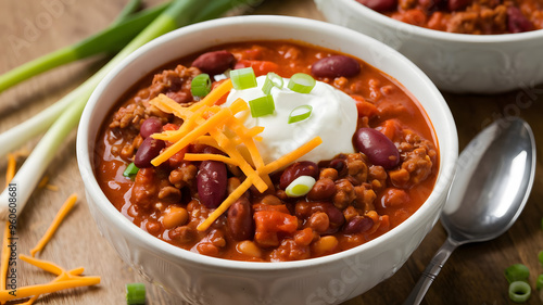 A hearty bowl of chili with ground beef, kidney beans, and a rich tomato sauce, topped with shredded cheddar cheese, sour cream, and sliced green onions.