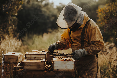 Beekeeping activity with a focus on bees, hives, and honey production