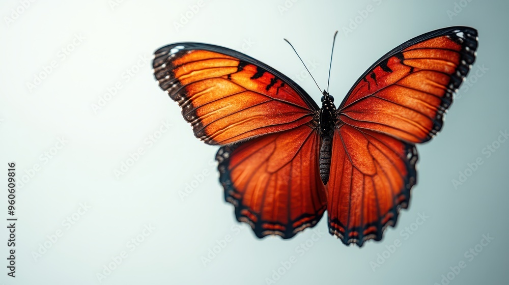 Red butterfly in flight, plain white backdrop Red butterfly in flight, plain white backdrop