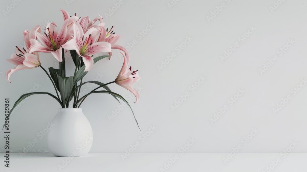Lily flower arrangement mockup on white table with copyspace. Lily flower arrangement mockup on white table with copyspace.