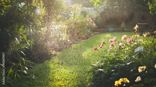 Garden being watered with morning dew, Monday morning, nurturing and peaceful photo