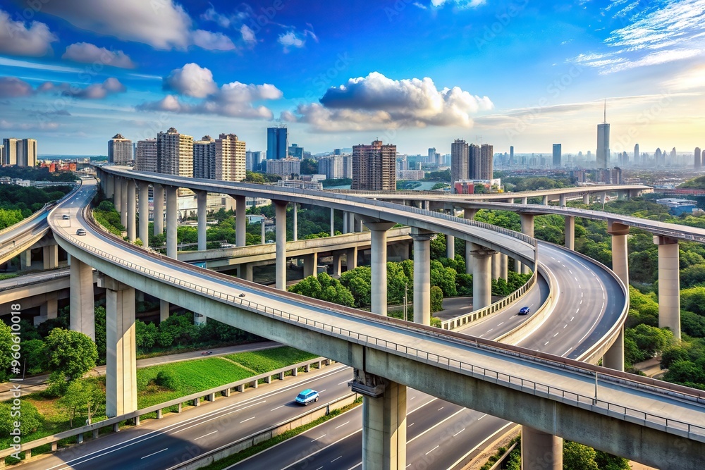 Fototapeta premium transport, transportation, construction, cityscape, elevated, engineering, road, Elevated freeway road bridge with cut out background offering a bird s eye view of the urban landscape