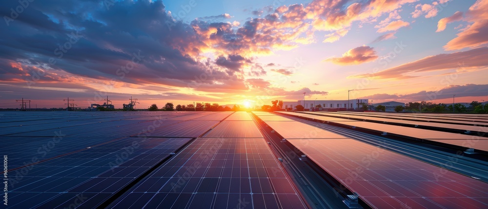Sustainable Energy Generation: Solar Panels on Factory Roof in Industrial Zone in Sustainable Energy Generation: Solar Panels on Factory Roof in Industrial Zone in