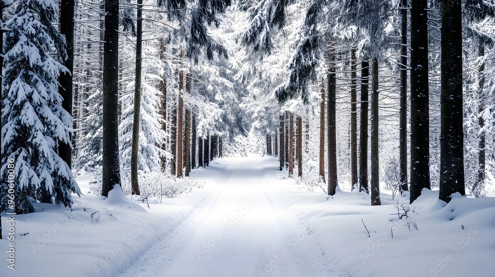 Snow-covered road in pine forest, serene winter wonderland scene Snow-covered road in pine forest, serene winter wonderland scene