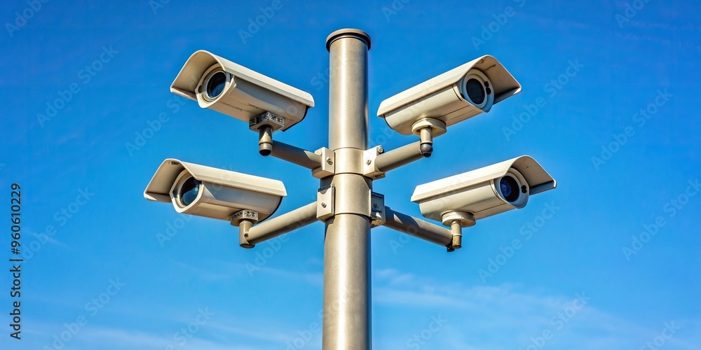 Four CCTV cameras mounted on a metal light pole against a clear blue sky background, surveillance cameras, pole, cityscape, security, technology, surveillance equipment Four CCTV cameras mounted on a metal light pole against a clear blue sky background, surveillance cameras, pole, cityscape, security, technology, surveillance equipment