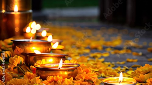 Elegant lamps line a path adorned with marigold flowers during a festival celebration photo