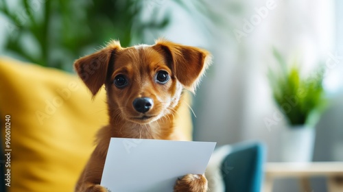 Adorable small brown dog holding a blank sign in a cozy and bright living room with yellow cushions and green plants. photo