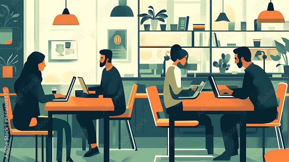 Modern Office Coworking Space with People Working on Laptops Modern Office Coworking Space with People Working on Laptops