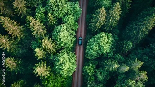 Road trip through a lush pine forest, car driving down the path, sense of freedom and journey