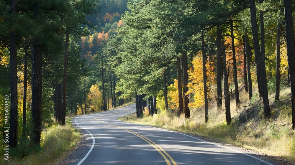 Fototapeta premium Scenic drive through autumnal pine forest, colorful foliage lining the road