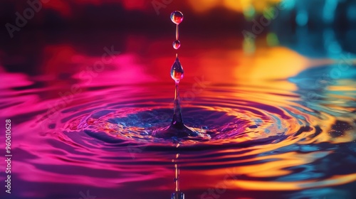 A single drop of chemical hangs in the air just before it makes contact with the colorful liquid below, creating mesmerizing ripples and splashes photo