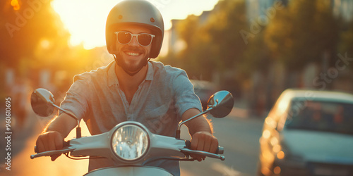 Happy smiling young man wearing helmet and sunglasses, riding or driving a scooter at sunset on city street. Summer vehicle transportation, outdoor travel, Caucasian guy