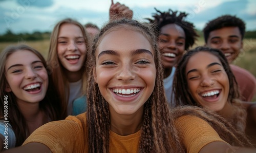 Big group of friends taking selfie picture smiling at camera - Laughing young people celebrating standing outside and having fun - Portrait photography of teens guys and girls enjoying, Generative AI