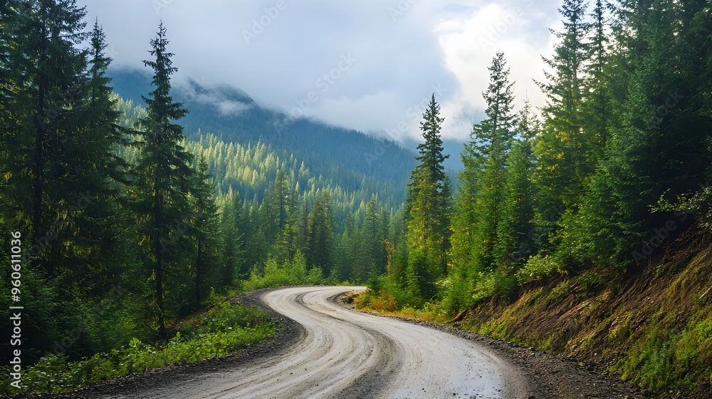 Dirt road winding through pine forest, rugged and wild Dirt road winding through pine forest, rugged and wild
