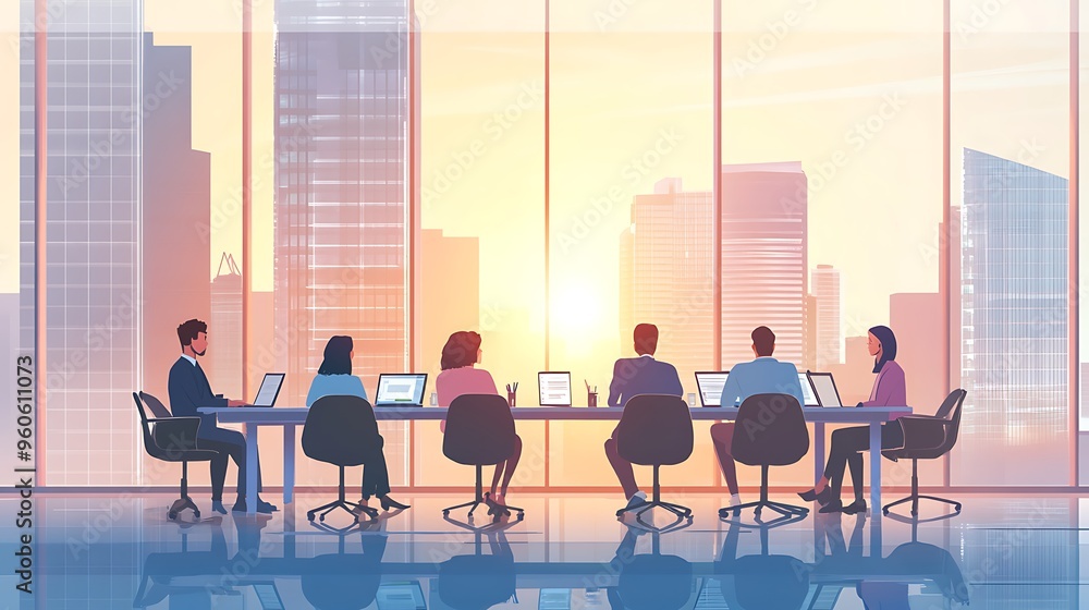 Business Team Meeting in Modern Office with City View and Sunset Business Team Meeting in Modern Office with City View and Sunset