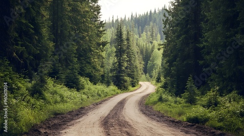 Dirt road winding through pine forest, rugged and wild