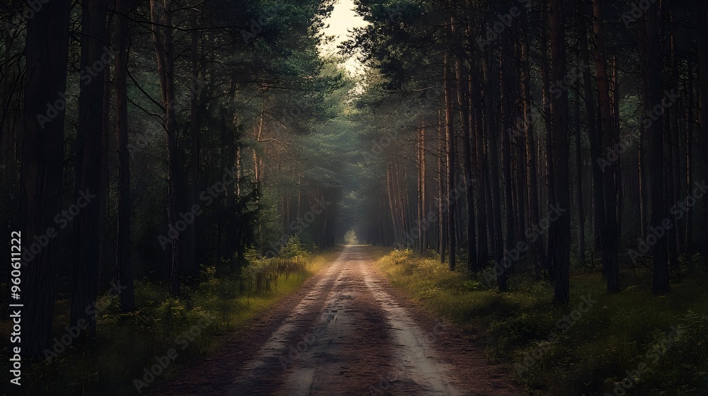 Fototapeta premium Abandoned road in overgrown pine forest, sense of mystery and decay