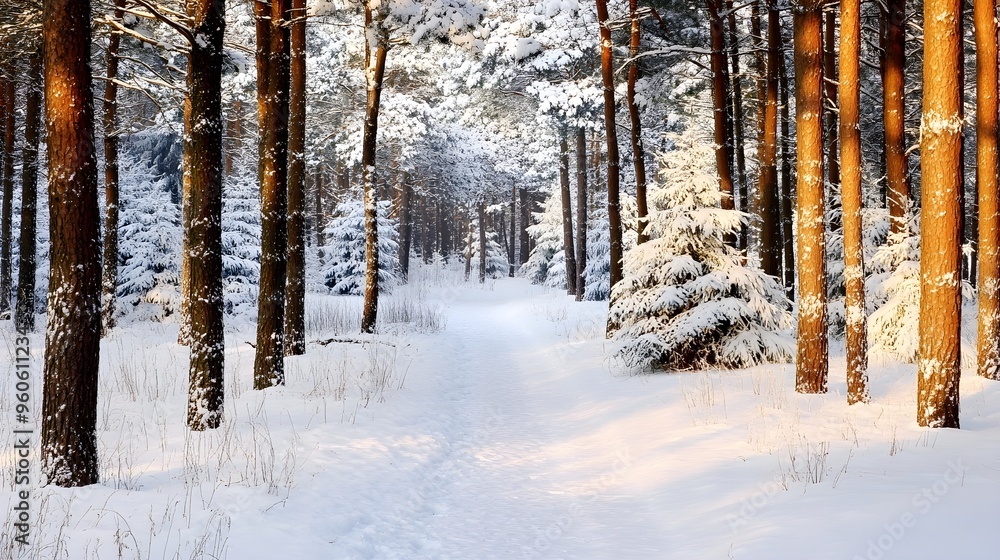 Fototapeta premium Path through snow-dusted pine forest, winter serenity and calm