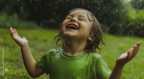 Uma criança com cabelo molhado e uma camisa verde encharcada aproveitando a brincadeira ao ar livre na chuva, irradiando felicidade, alegria e uma sensação de liberdade, apesar das condições climátic photo