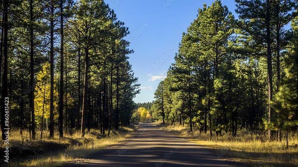 Obraz premium Road disappearing into the distance among tall pines, endless possibilities