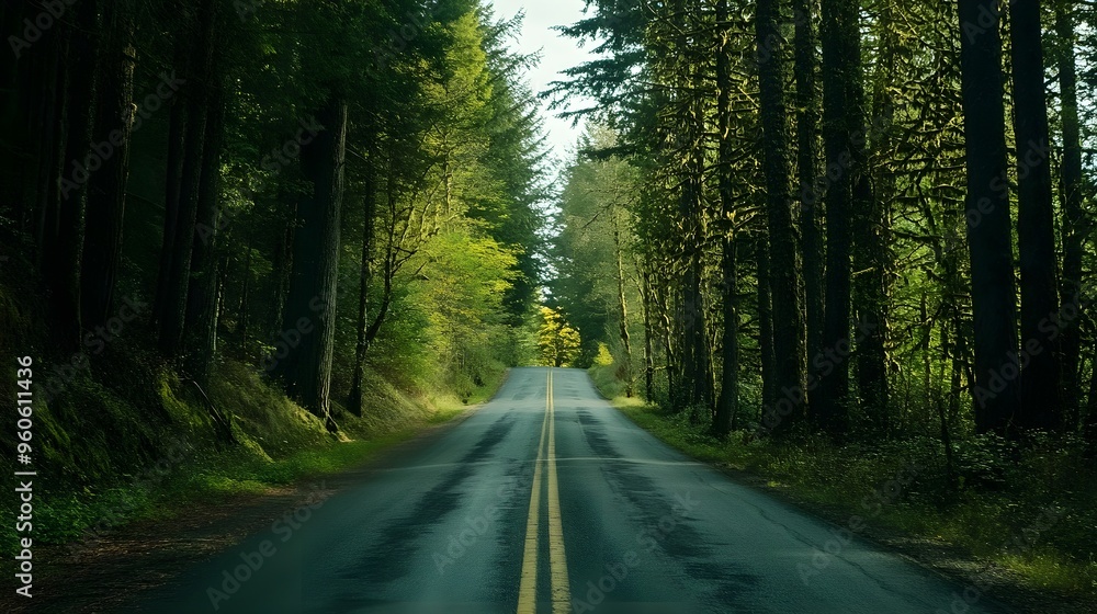 Fototapeta premium Road disappearing into the distance among tall pines, endless possibilities