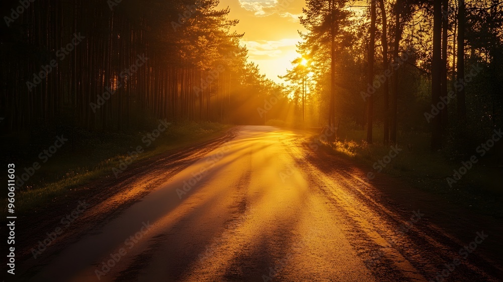 Sunset over a road in pine forest, golden light creating a magical scene Sunset over a road in pine forest, golden light creating a magical scene