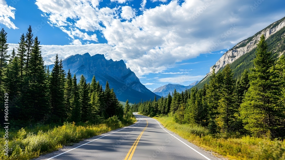 Fototapeta premium Road with pine trees and mountains in the background, natureâ€™s grandeur