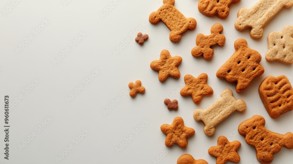 Assorted baked dog treats in various shapes on a light background, perfect for pet care and snack themes. Room for text on the left. Assorted baked dog treats in various shapes on a light background, perfect for pet care and snack themes. Room for text on the left.