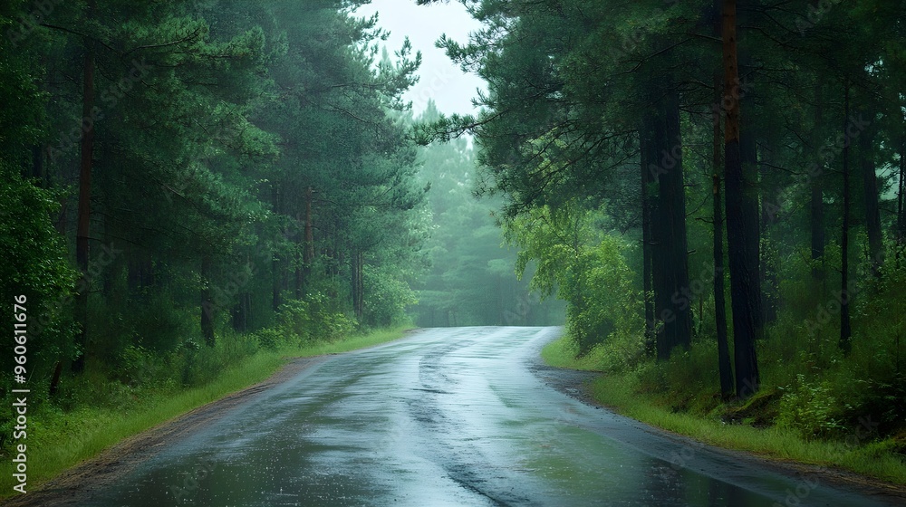 Fototapeta premium Quiet road after rain in pine forest, fresh and rejuvenating