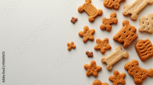 Assorted baked dog treats in various shapes on a light background, perfect for pet care and snack themes. Room for text on the left. photo