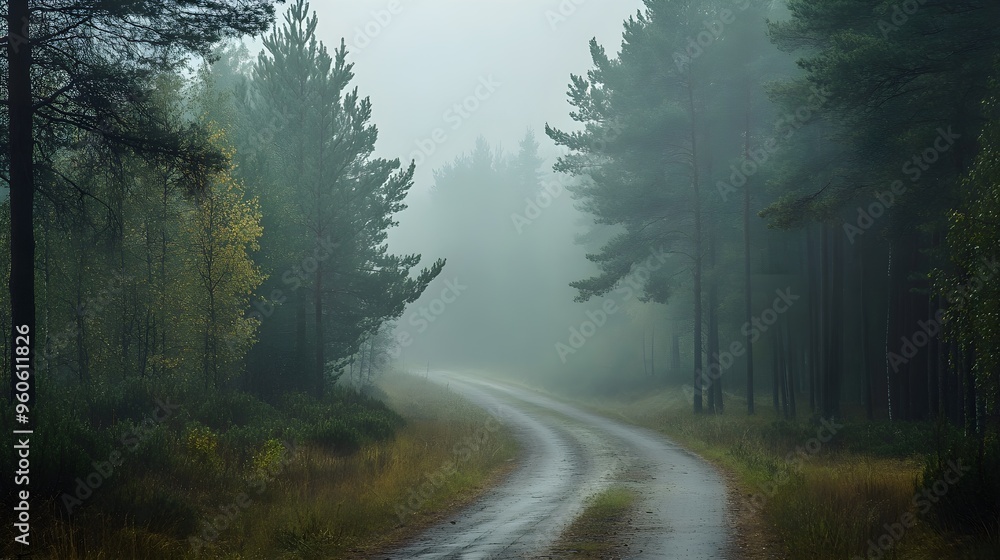 Obraz premium Morning fog on a forest road, pine trees barely visible, serene and mystical