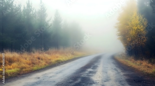 Morning fog on a forest road, pine trees barely visible, serene and mystical