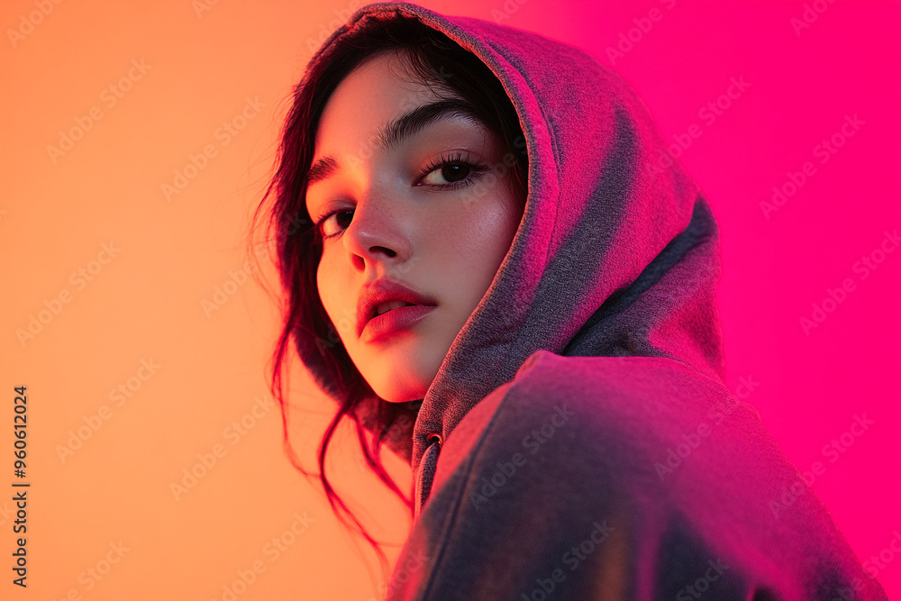 High Energy Lifestyle Portrait of Woman in Dark Gray Hoodie with Solid Neon Coral Contemporary Fashion Background High Energy Lifestyle Portrait of Woman in Dark Gray Hoodie with Solid Neon Coral Contemporary Fashion Background