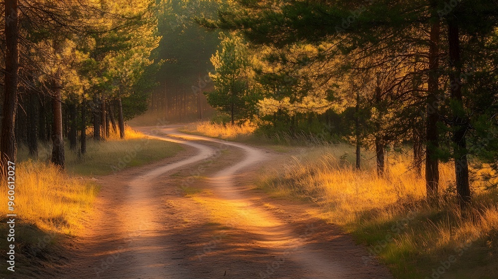 Obraz premium Road through a pine forest at sunrise, warm light creating a peaceful scene