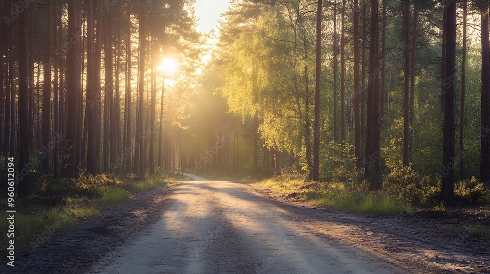 Road through a pine forest at sunrise, warm light creating a peaceful scene Road through a pine forest at sunrise, warm light creating a peaceful scene