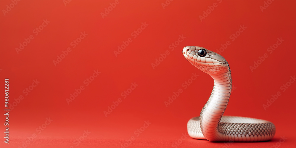 Fototapeta premium Cute little snake sitting on red background on right side. Chinese New Year 2025