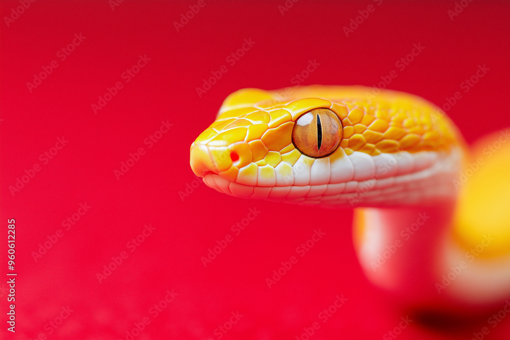 Cute little snake sitting on red background on right side. Chinese New Year 2025 Cute little snake sitting on red background on right side. Chinese New Year 2025