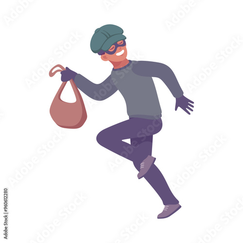Man Criminal Escape with Handbag Commit Crime and Theft Vector Illustration