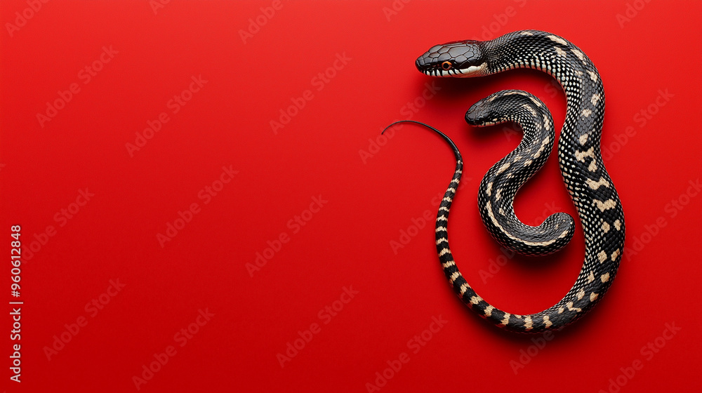 Cute little snake sitting on red background on right side. Chinese New Year 2025 Cute little snake sitting on red background on right side. Chinese New Year 2025
