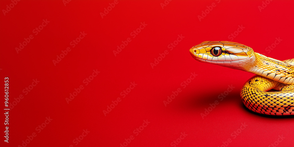 Cute little snake sitting on red background on right side. Chinese New Year 2025 Cute little snake sitting on red background on right side. Chinese New Year 2025