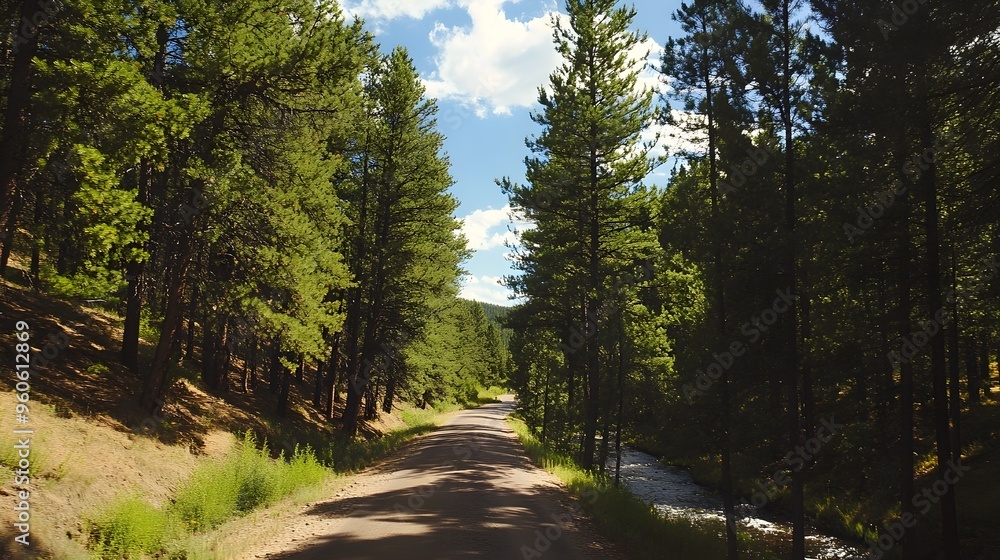Fototapeta premium Scenic drive through pine forest with a river running parallel, natureâ€™s harmony