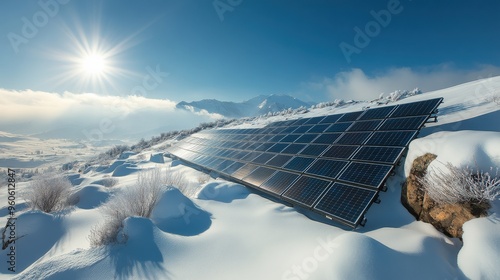 A solar panel array is covered in snow, capturing sunlight in a beautiful winter landscape. The panels stand out against the white snow, showcasing renewable energy in a snowy setting photo