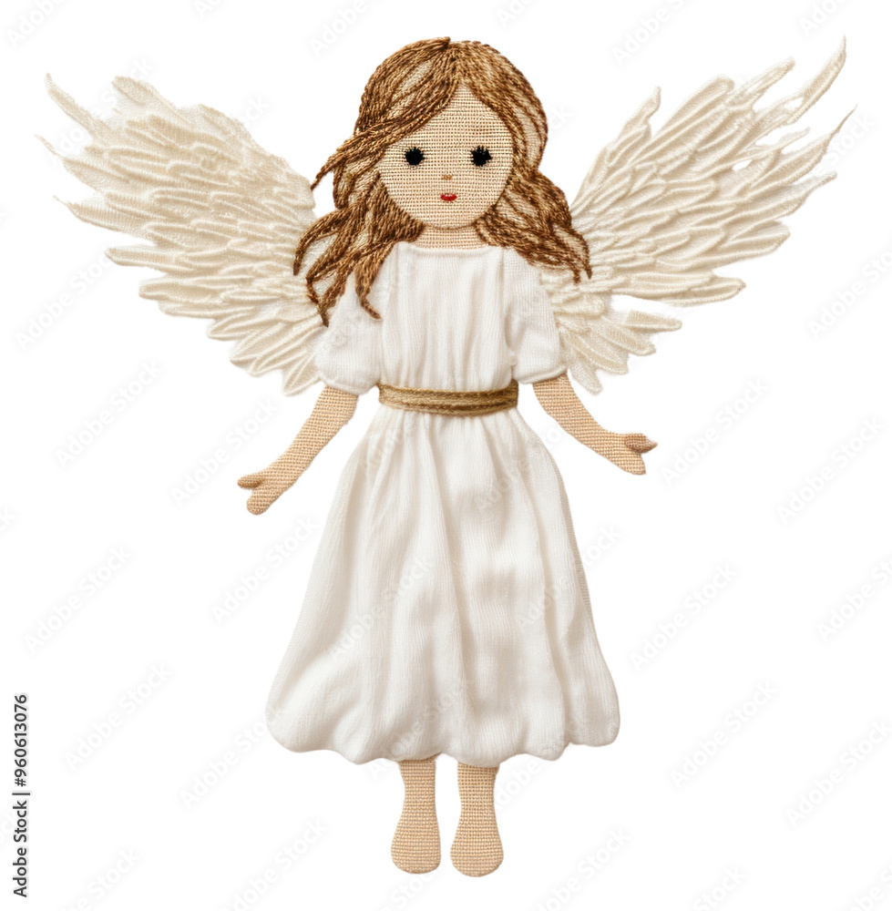 Fototapeta premium PNG A angel in embroidery style doll toy representation.