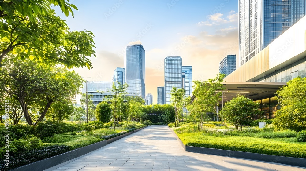 Green urban park with sustainable architecture, illustrating eco-friendly economy. Green urban park with sustainable architecture, illustrating eco-friendly economy.