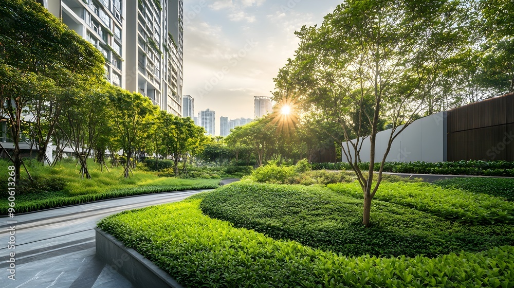 Fototapeta premium Green urban park with sustainable architecture, illustrating eco-friendly economy.