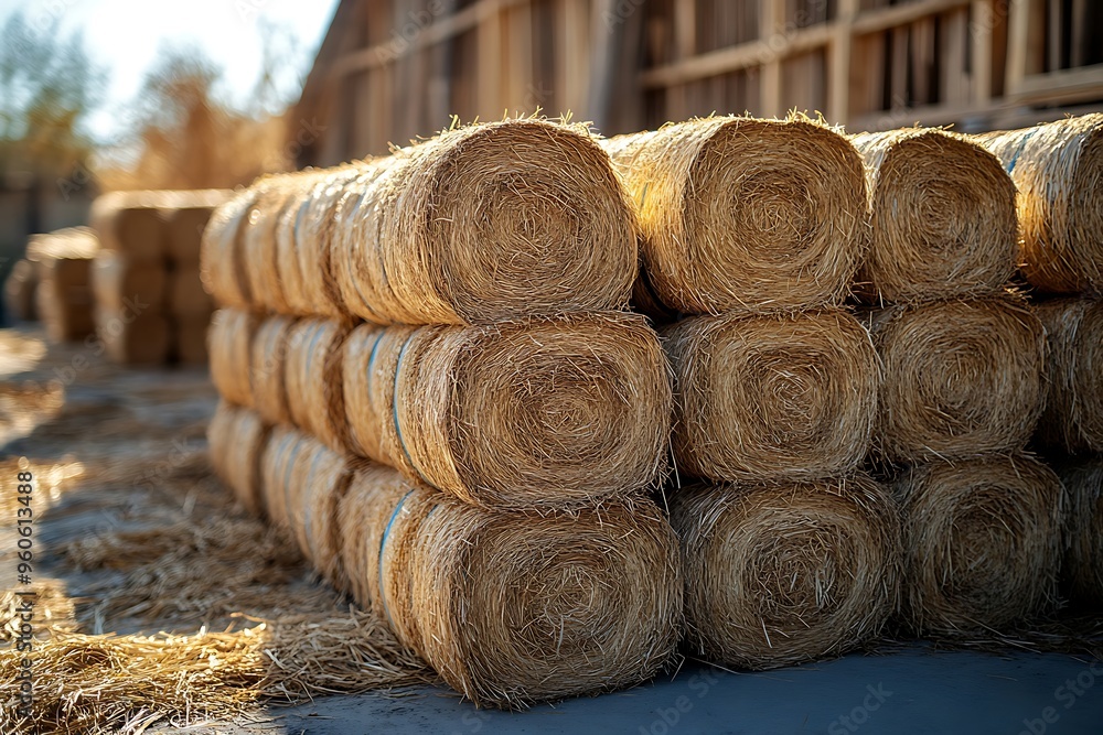 Large straw bales stacked at an eco-construction site, bathed in natural light. Large straw bales stacked at an eco-construction site, bathed in natural light.