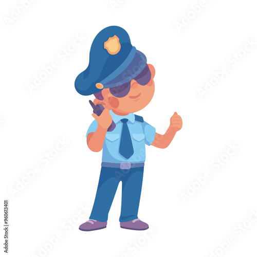 Man Police Officer in Blue Uniform and Cap on Duty Vector Illustration